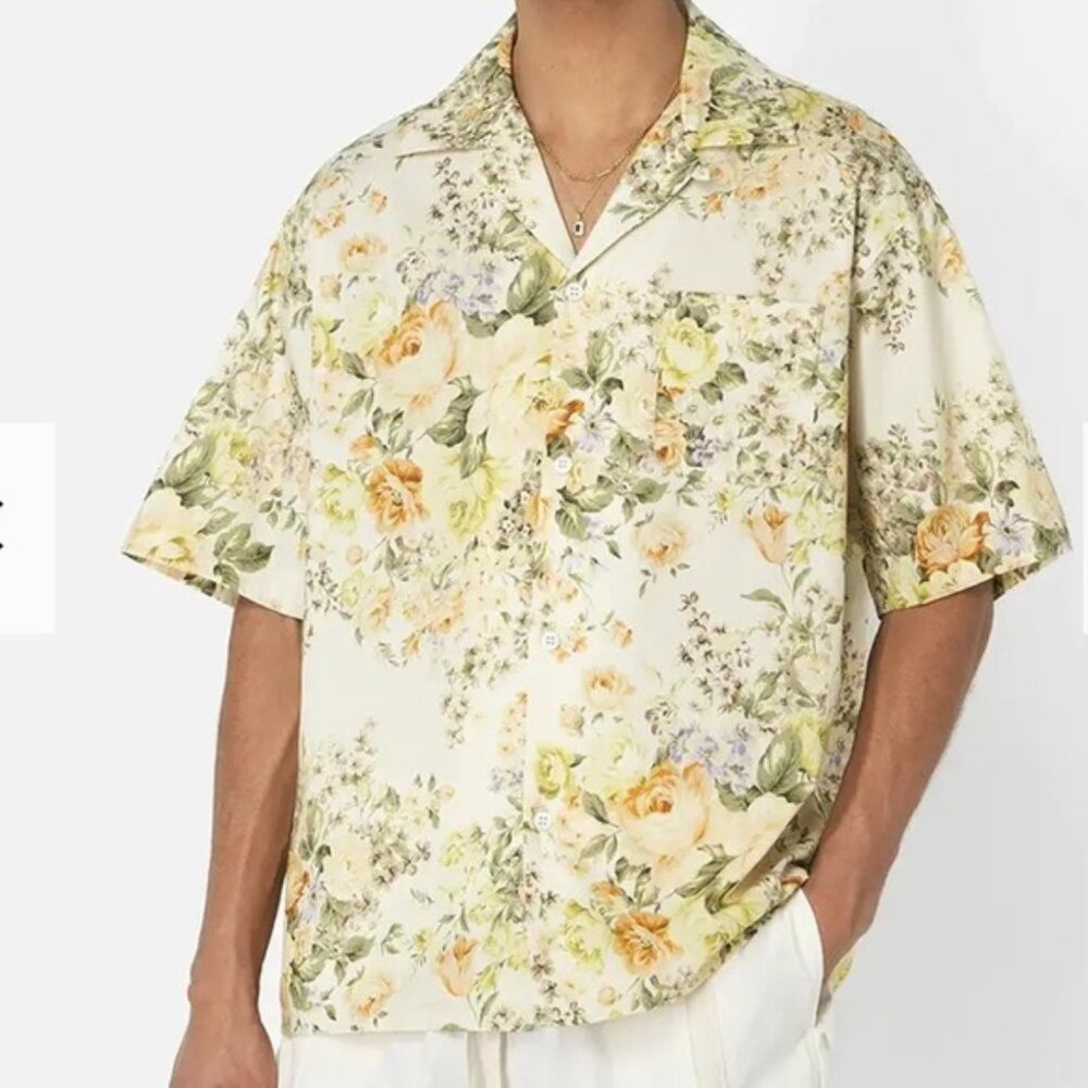 NWT John Elliott Camp Shirt “Beige Tuscan Floral” - L